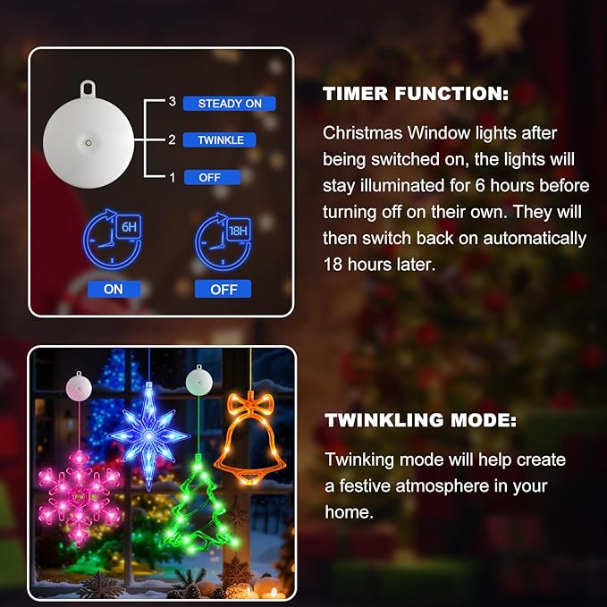 4Pack Christmas Window Lights Decorations with Timer,Battery Powered Christmas Hanging Multicolor Lighted Snowflake Tree Bells Lucky Star Shaped LED Sucker for Xmas Tree Fireplace Indoor Decor