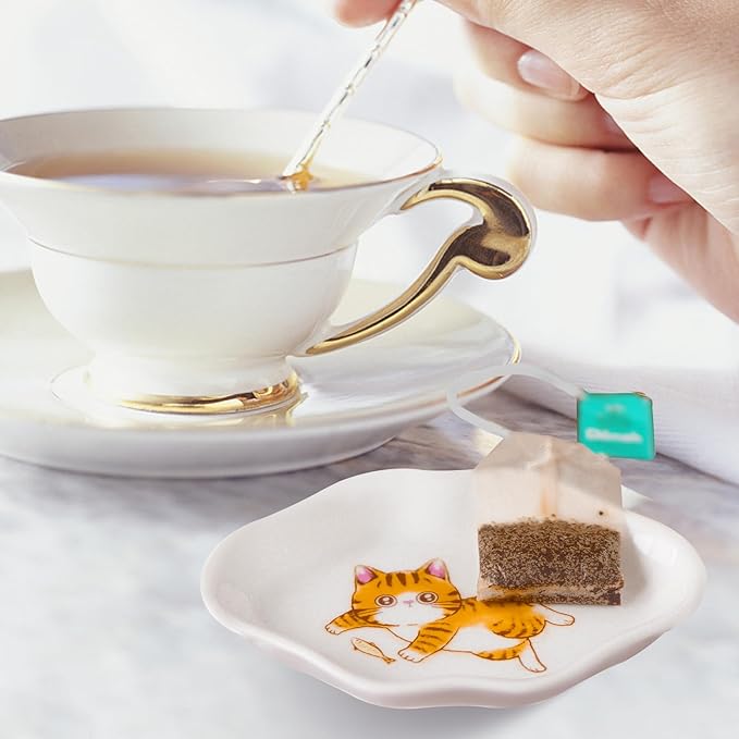 Cinf White Ceramics Tea Bag Coasters Caddy Holder Thanksgiving Set of 4 Cat for Used Tea Bag Spoon Rests Snack Dish