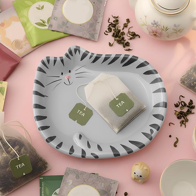 4 Inch Cat Tea Bag Holder Coaster Porcelain Ceramic Tiger Cats Tea Bag Saucer Spoon Rest Soap Dish Coaster for Kitten Lover Gifts Cute Home Parties Portable (British Shorthair)