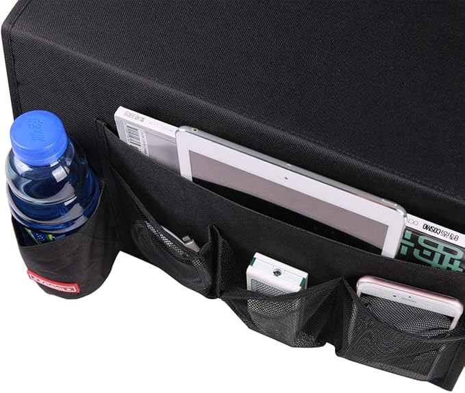 Bedside Caddy,5 Pockets Bedside Organizer Caddy Under Mattress,Holds Water Bottles,Magazines,Books (Black)