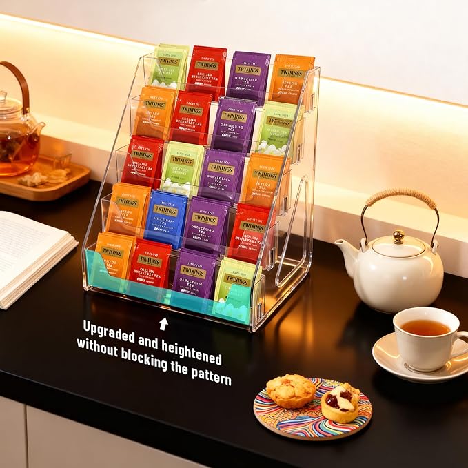 Tea Bag Organizer 5 Tier Tea Storage, Acrylic Tea Storage Chests for Kitchen, Office, Countertop, Cabinet Pantry, Tea Bag, Coffee, Sugar Packets, Creamers Holder