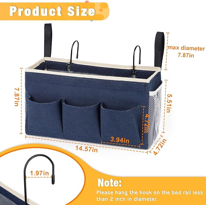 Bedside Caddy Bedside Organizer Bedside Storage Caddy with Fixed Straps and Water Bottle Holder for Home College Dorm Bunk Bed Hospital Bed Crib Bed Rails (Navy Blue)