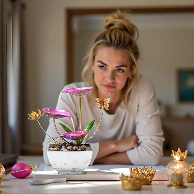 Pink Tabletop Water Fountain, Fall Decor USB Desktop Sleep Waterfall, Women Office Decor, Zen Garden for Desk，Thanksgiving Gift