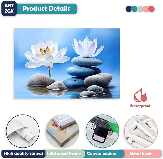 ARTZGX Zen Canvas Wall Art for Bathroom Lotus Pictures Blue Spa Stone Painting Butterfly Flower Artwork for Yoga Decor Frame(Zen - B 20.00" x 30.00")