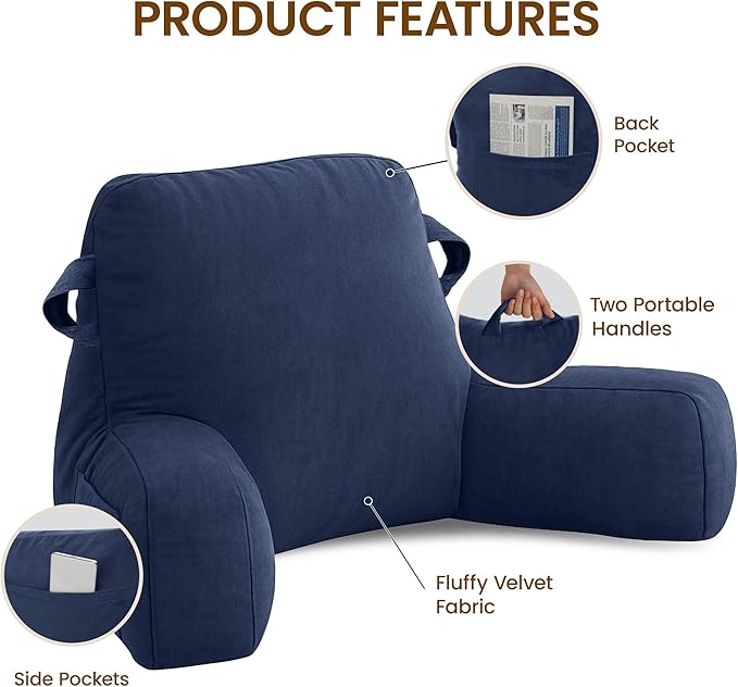 Portable Comfy Reading Pillows for Bed Sitting Up(Royal Blue Oeko-Tex), Velvet Back Pillow with Arms & Pockets for Adults, Support Memory Foam Bed Pillow for Dorm/Reading/Watching/Gaming