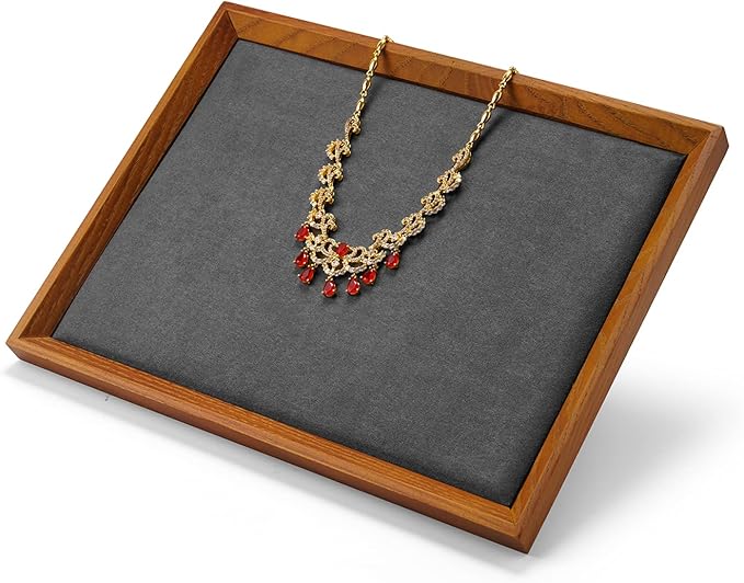 Oirlv Solid Wood Flat Jewelry Tray, Rectangle Jewelry Display Tray, Drawer Dresser or Nightstand Organizer, Microfiber Valet Tray, Catchall Tray(Grey, Large)