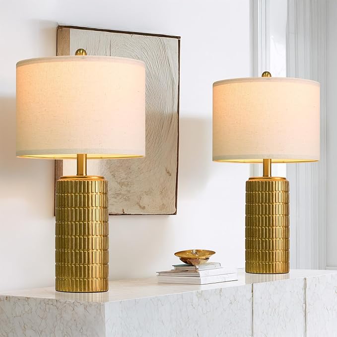 PoKat 23" Brass Gold Ceramic Table Lamps for Living Room, Retro Warm Gold Lamps for Night Stands, Vintage Bronze Decorative Lamps for Bedroom, Antique Gold Brown Nightstand Lamps for Home Decor