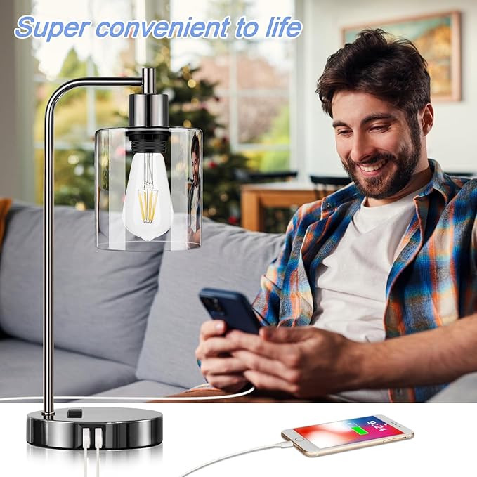 Industrial Touch Control Table Lamps Set of 2 - Black Nickel Bedside Lamps with 2 USB Ports & AC Outlet, 3-Way Dimmable Nightstand Desk Lamp for Bedroom Living Room, Glass Shade & 2 LED Bulbs Included