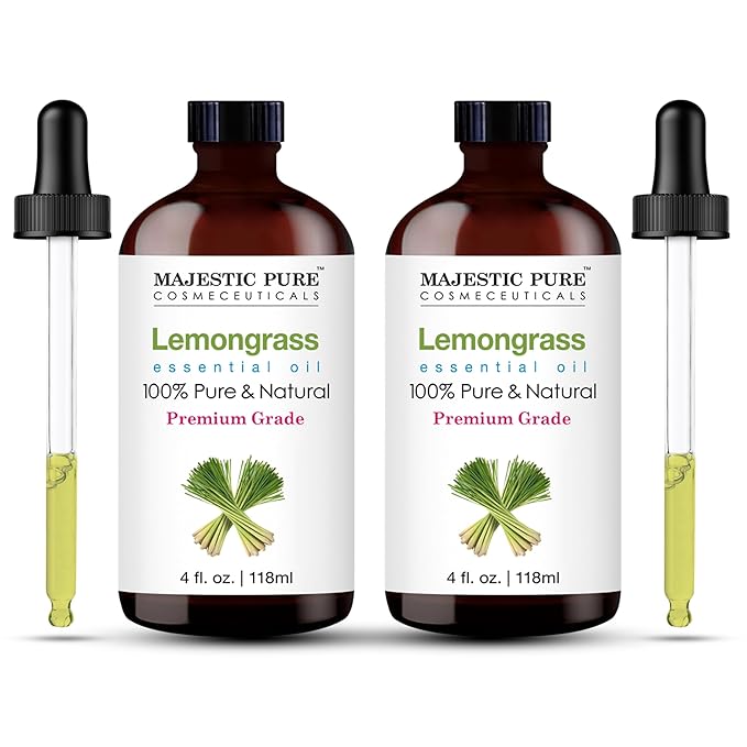 Majestic Pure Essential Oil with Glass Dropper - 100% Pure and Natural - Essential Oils for Diffuser, Aromatherapy, Soap and Candle Making, Lemongrass Essential Oil, Lemongrass Oil, 4 Fl Oz Pack of 2