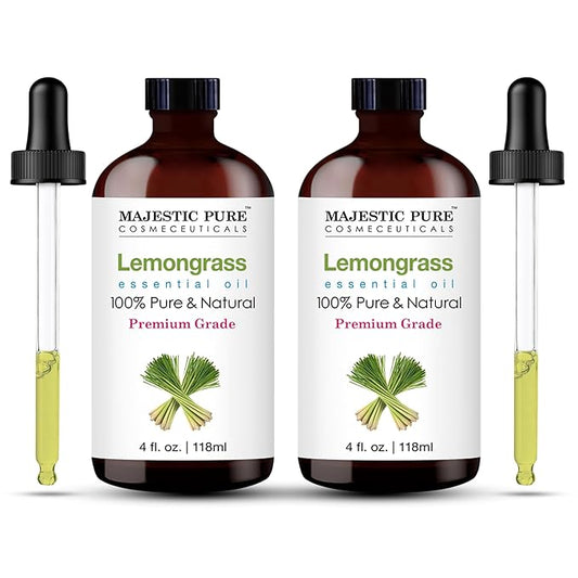 Majestic Pure Essential Oil with Glass Dropper - 100% Pure and Natural - Essential Oils for Diffuser, Aromatherapy, Soap and Candle Making, Lemongrass Essential Oil, Lemongrass Oil, 4 Fl Oz Pack of 2
