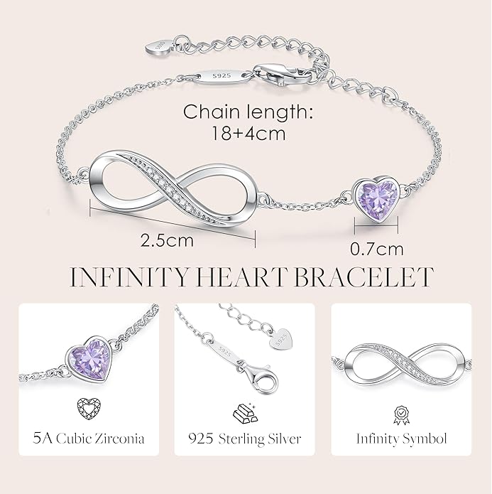 CDE Infinity Heart Birthstone Charm Link Bracelet for Women 925 Sterling Silver Adjustable Mother's Day Gift Anniversary Birthday Jewelry for Wife Girlfriend Her