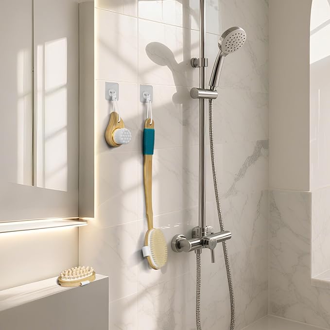 Readaeer Bamboo Bath Brush Set, Long Handles with 2 Removable Brush Heads, Bristle Bristles/Wood Massage Particles, Fine Soft Brush, 3 Brush Heads