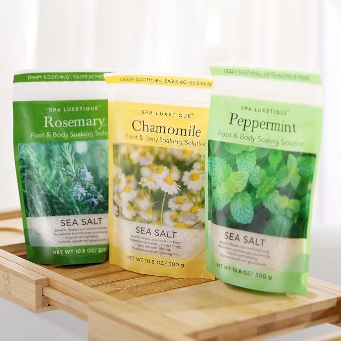 spa luxetique Bath Salts Gift Set 6-Pack, Foot and Body Sea Salts for Soaking, Wooden Scooper, 0.5oz Argan Oil, Bath Salts for Women Relaxing, Mother's Day Gifts for Mom, Christmas Gifts for Her