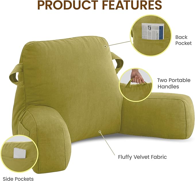 Portable Comfy Reading Pillows for Bed Sitting Up(Pale Green Oeko-Tex), Velvet Back Pillow with Arms & Pockets for Adults, Support Memory Foam Bed Pillow for Dorm/Reading/Watching/Gaming