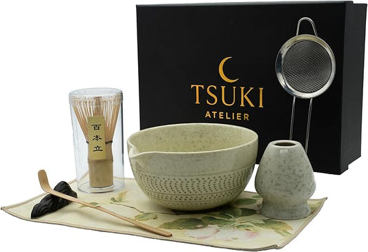 Matcha Whisk Set – 7 Pcs Matcha Kit - Ceramic Bowl, Bamboo Whisk & Holder, Scoop, Sifter, Scoop Rest & Tea Towel – Elegant Matcha Kit for Tea Lovers, Home Decor & Zen Spaces (Green)