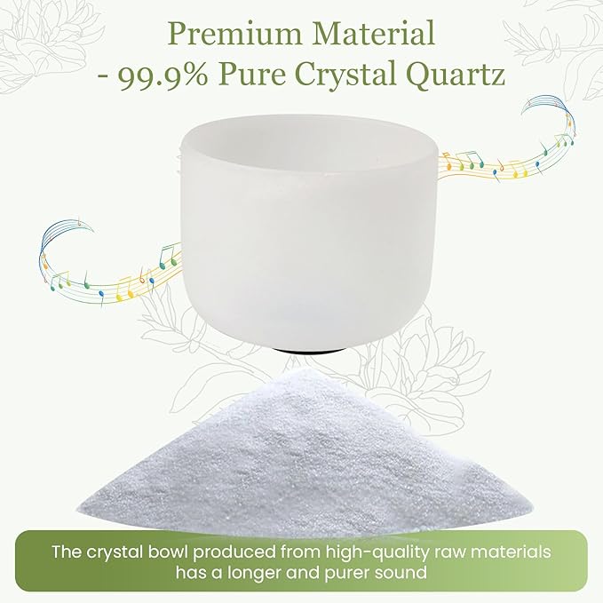 432HZ 10 Inchs Frosted Crystal Singing Bowl Set for Meditation Healing Yoga Chakra Quartz Crystal Sound Bowls with Heavy Duty Carry Case and Rubber Mallet,Suede Striker,O-rings