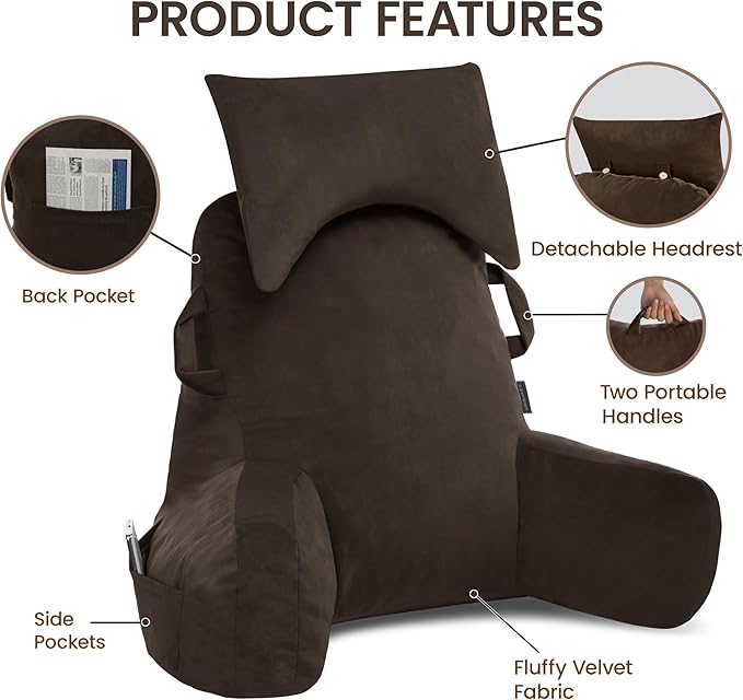 Portable Reading Pillows with Headrest for Bed Sitting Up(Brown Oeko-Tex), Velvet Back Pillow with Arms & Pockets for Adults, Support Memory Foam Bed Pillow for Dorm/Reading/Watching/Gaming
