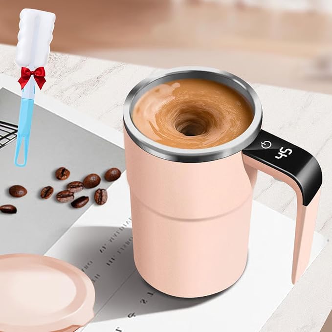 Electric Coffee Mug with a Built-in LCD Thermometer, Electric Self Stirring Coffee Mug Mixer for Desk, Automatic Magnetic Rechargeable Warmer, Travel Cup with Lid for Milk, Cocoa (Pink)