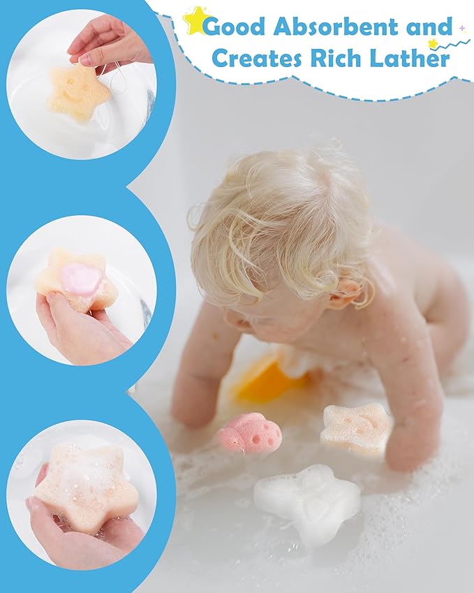 MoHern Konjac Baby Sponge for Bathing, 3Pcs Natural Cute Shapes, Kids Bath sponges for Infants, Toddler Bath time, Plant-Based, Extra Soft