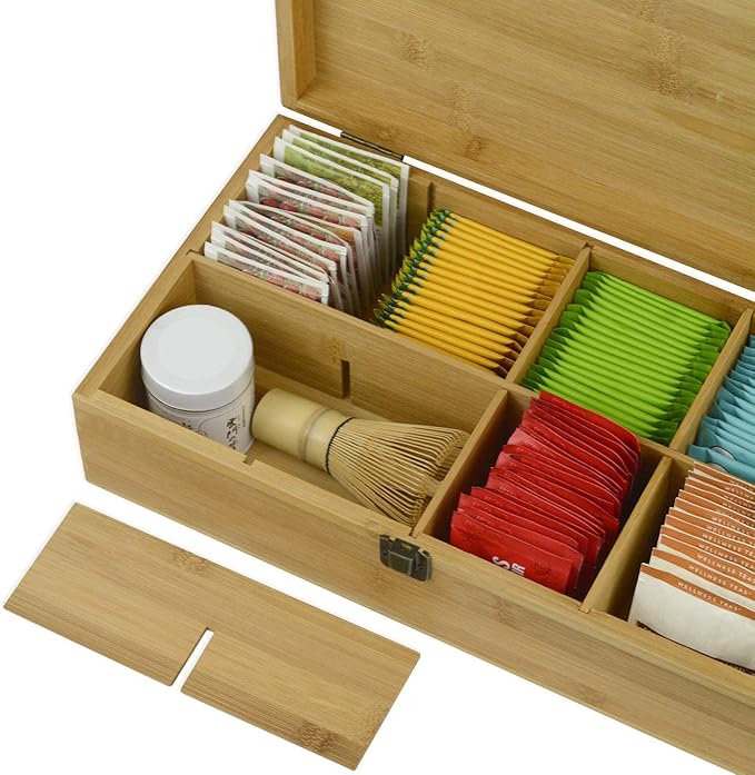 Bamboo Tea Organizer Box Chemical Free Eco-Friendly Big, Tall, Adjustable Cubbies Natural Wooden Storage Chest (8-Slot 14.3" x 8.1" x 4.2" with Tea Time Pot & Cups)
