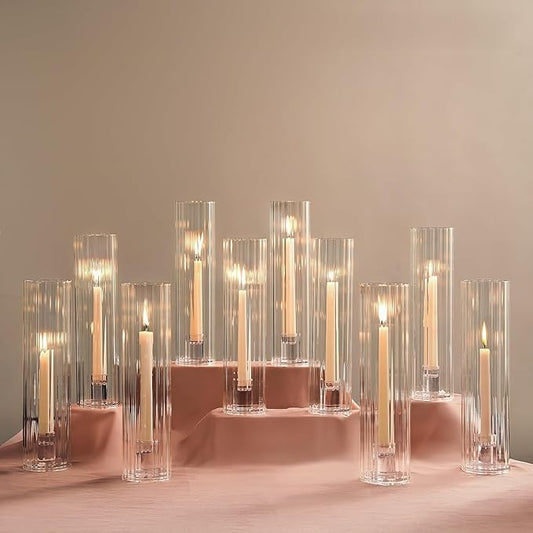 NUPTIO Fluted Candle Holder Set: Bulk Hurricane Candlestick Holders with Ribbed Glass Cylinder Sleeve - Set of 10 Tapere Candle Stick Stand for Fall Thanksgiving Christmas Decor