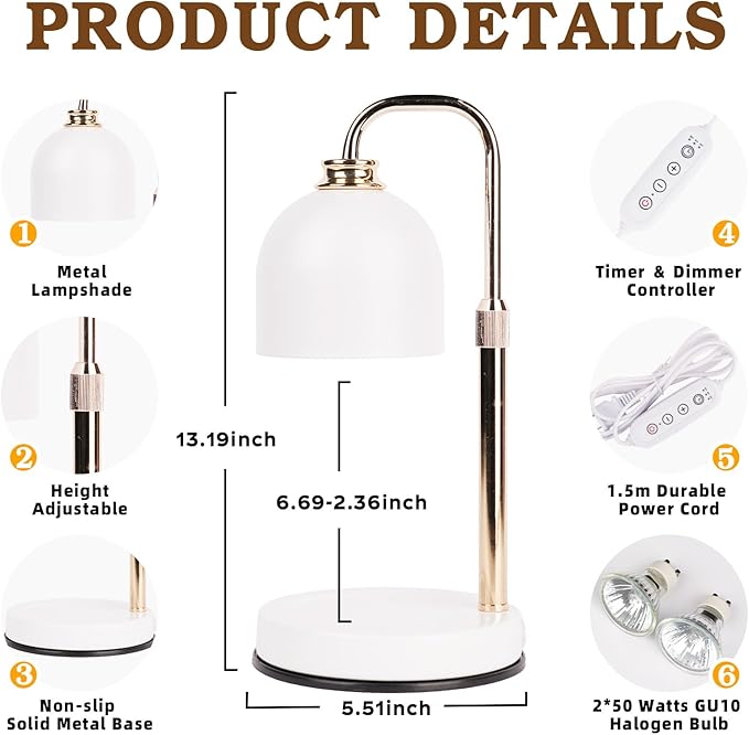 Candle Warmer Lamp with Timer Dimmable, Christmas Birthday Gifts for Women Mom, Modern Candle Warmer, White Candle Lamp for Jar Scented Candles, Home Decor, Wax Melt Warmer with 2 Bulbs