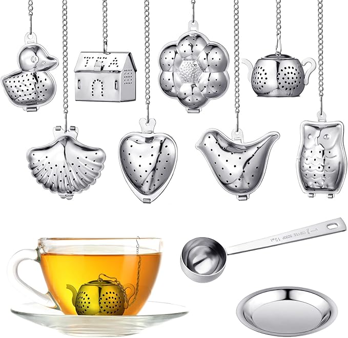Vesici 10 Sets Loose Leaf Tea Infuser Set Stainless Steel Tea Strainer for Loose Tea Holder Infuser Ball Tea Filter Includes Chain Hooks and 1 Drip Trays with 1 Tea Spoon for Brew Tea Leaves Mug