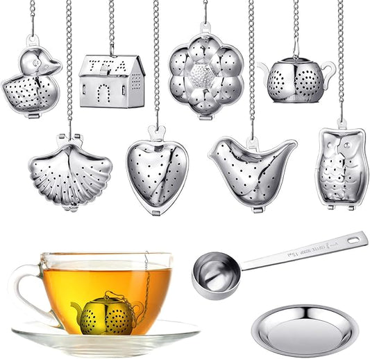 Vesici 10 Sets Loose Leaf Tea Infuser Set Stainless Steel Tea Strainer for Loose Tea Holder Infuser Ball Tea Filter Includes Chain Hooks and 1 Drip Trays with 1 Tea Spoon for Brew Tea Leaves Mug