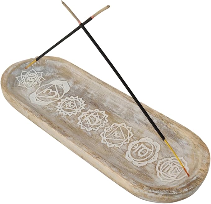 VANIYA CRAFTS® Wooden Handmade Symols Design Boat Shape Incense Holder Stand Insence Tray for Sticks Home Decor Restaurant (11X4,Antique White)