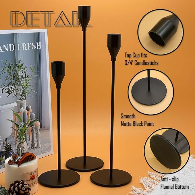 3Pcs Matte Black Candlestick Holders Set Fit 3/4" Tall Taper Candle Home Decorative Table Centerpieces for Family Dinning, Party Decoration