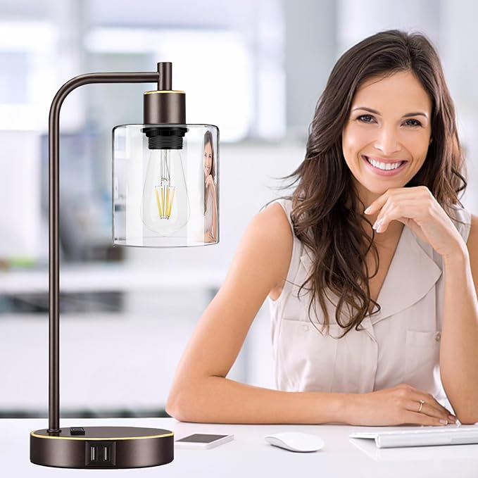 Industrial Touch Table Lamps Set of 2 - Bedside Lamps with 2 USB Ports & AC Outlet, 3-Way Dimmable Nightstand Desk Lamp for Bedroom Living Room, Glass Shade & 2 LED Bulbs Included - Oil-Rubbed Bronze