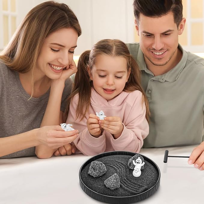 Space Zen Garden for Desk – 8.2" Round Mini Desktop Sand Garden with Astronauts, Black Sand, Stones & Rake Relaxation & Mindfulness Decor for Home Office, Unique Decoration Gifts for Family and Friend