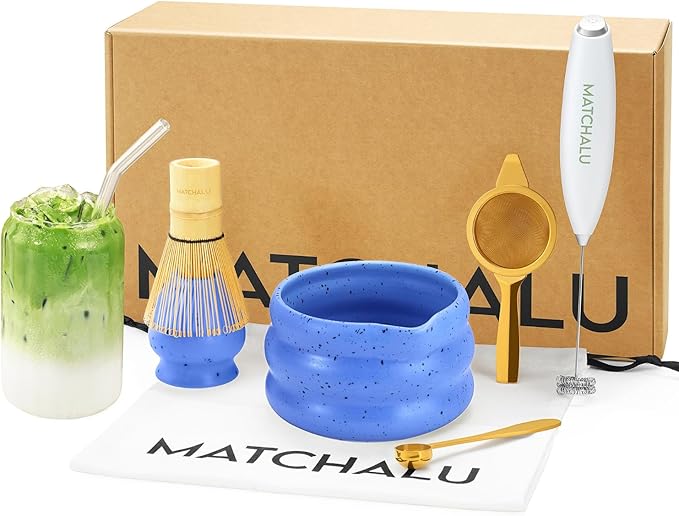 Matcha Whisk Set With Ceramic Matcha Bowl, Bamboo Whisk & Holder, Stainless Steel Spoon & Sifter, Glass Cup & Straw, Electric Frother, Storage Bag - Gift for Matcha Lovers (Premium 9-Piece Set Blue)