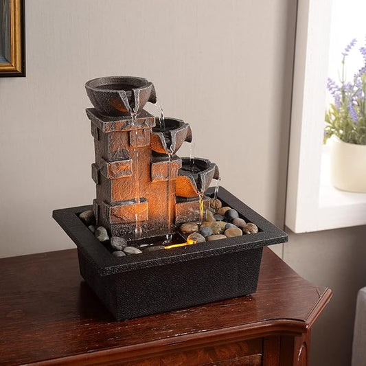 GOSSI Home Décor Imitation 3-Tier Stone Wall Tabletop Fountain Many Natural River Rock Office Relaxing Desktop Zen Waterfall Meditation Tabletop Fountain LED Lights Fountain Christmas Decorations