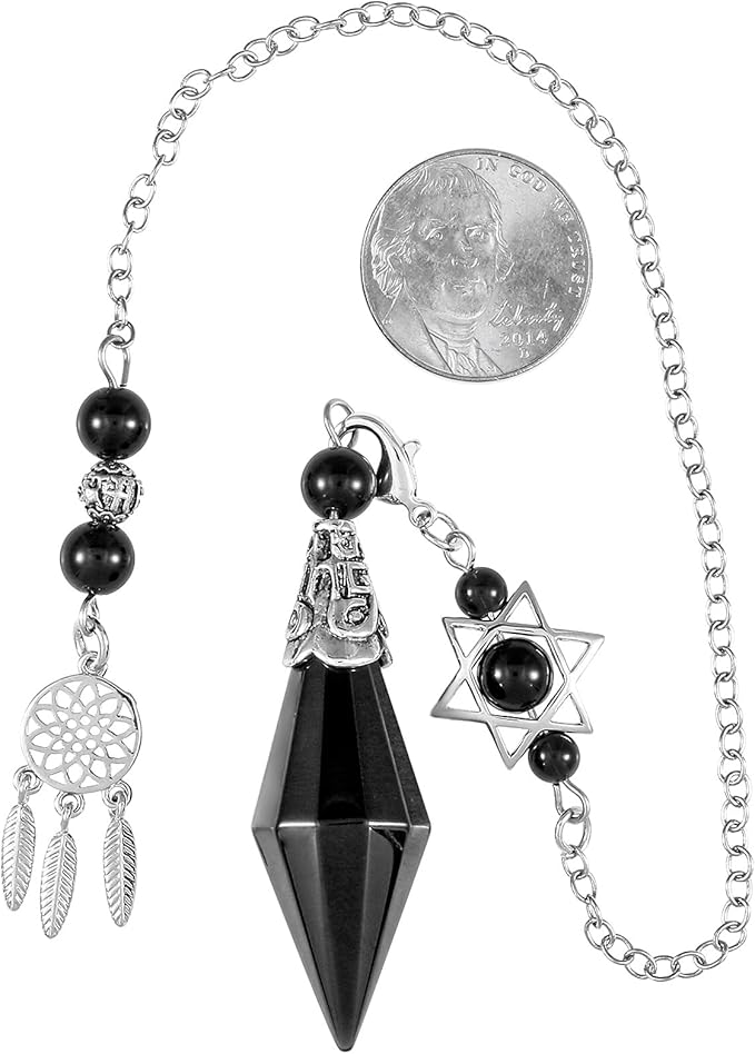 TUMBEELLUWA Reiki Healing Crystal Point Pendulum Dowsing Divination, Reiki Meditation Faceted Stone Pendant with Dream Catcher and Merkaba Star Chain, Black Obsidian