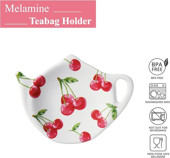 Supreme Housewares Cherry Tea Bag Holders, Teapot Shaped Tea Bag Coasters Spoon Rests Saucer Seasoning Dish Set, Red, 4 x 3 Inch, Set of 4