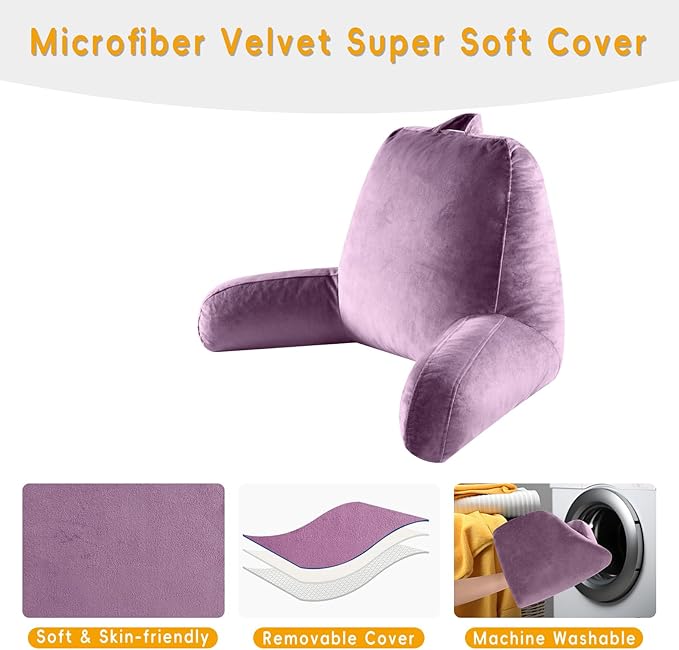 Reading Pillow for Sitting in Bed Adult, Reading Pillow with Shredded Memory Foam, Bed Pillow with Washable Cover, Back Pillow Sitting Up with Extend Arms, Purple, X-Large