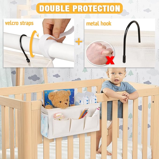 Bedside Caddy Storage Organizer with Fixed Straps and Water Bottle Holder for Home, College, Dorm, Bunk/Hospital/Crib Bed Rails, White