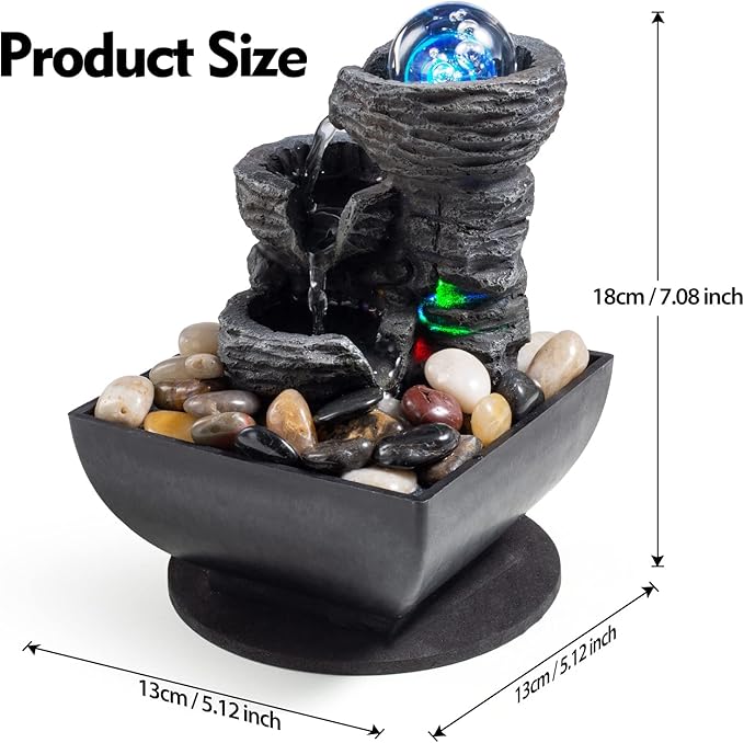 Tabletop Fountain Indoor Waterfall Meditation Fountain Like Layers of Rock Desktop Water Feature Includes Many Natural River Rock LED Lights Rolling Decorative Bubble Balls