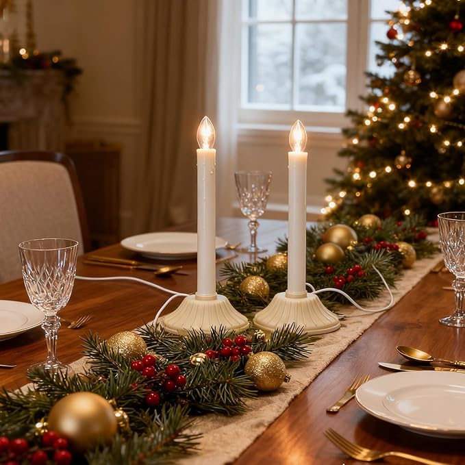 1 Light Electric Window Candles, Pack of 2 Christmas Candle Lights with 4 C7 Clear Bulbs(2 Spare), Plug in Electric Candles for Window Christmas Weddings Home Table Decorotions, Ivory