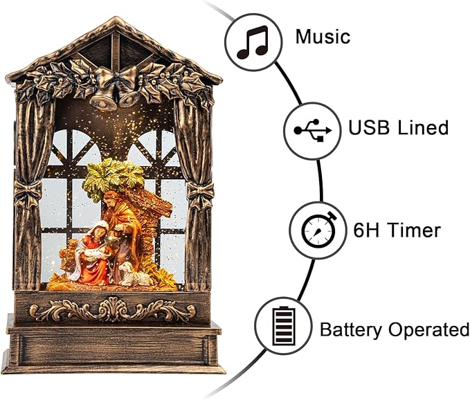 Christmas Snow Globe Lighted Manger Nativity Scene, Musical Holy Family Water Creche Play Silent Night Music in Swirling Glitter, Holiday Decorations Gifts for Family, Children or Friends