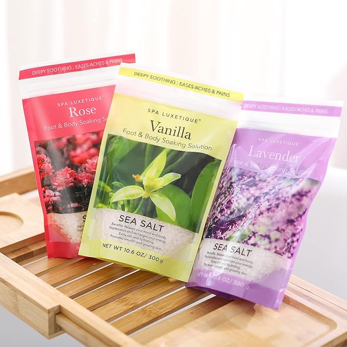 spa luxetique Bath Salts Gift Set 6-Pack, Foot and Body Sea Salts for Soaking, Wooden Scooper, 0.5oz Argan Oil, Bath Salts for Women Relaxing, Mother's Day Gifts for Mom, Christmas Gifts for Her