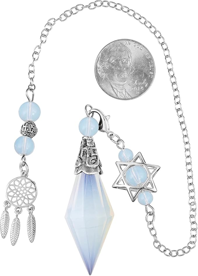 TUMBEELLUWA Reiki Healing Crystal Point Pendulum Dowsing Divination, Reiki Meditation Faceted Stone Pendant with Dream Catcher and Merkaba Star Chain, Opalite