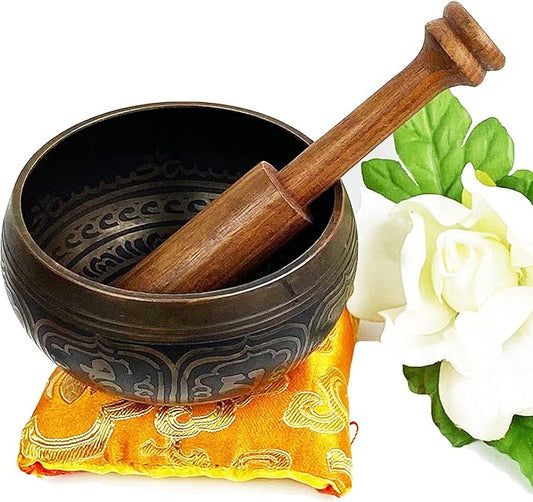 3005 SB 'D' Note Sacral Chakra Antique Tibetan Auspicious Symbol Bowl Set ~ Nepal