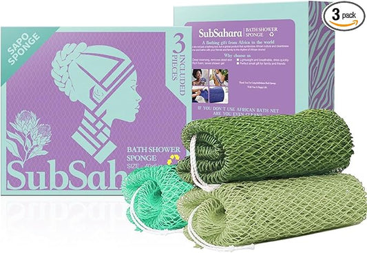SubSahara African Net Sponge Authentic - 3 Pieces Gentle Exfoliating Scrubber for All Skin Types, Bath Sponge for Face & Body, Travel Portable