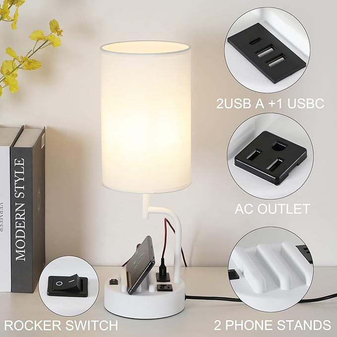 Dreamholder Table Lamp with 3 USB Charging Ports, Modern Desk Lamp with AC Outlet and Phone Stands, Perfect Bedside Lamp for Bedroom, Living Room, Office (Pack of 2), White