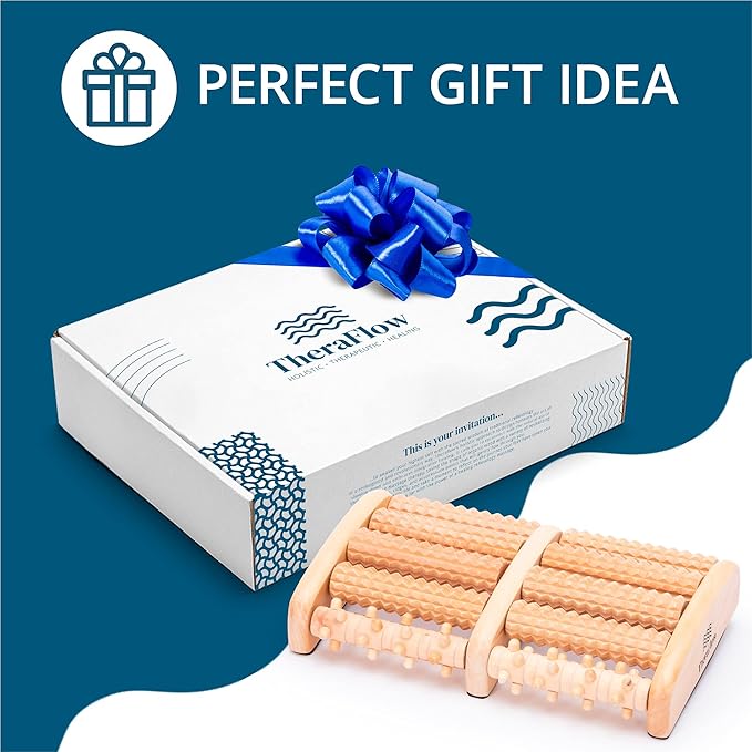 TheraFlow Foot Massager for Neuropathy & Plantar Fasciitis Relief - Mom Gifts for Women & Gifts for Dad, Wooden Foot Roller Massager, Neuropathy Pain Relief for Feet (Includes Reflexology Chart)