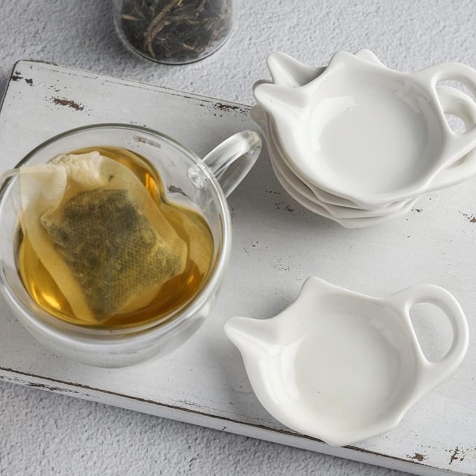 Ceramic Tea Bag Coaster Tea Bag Holder Set of 12 for Used Tea Bag Teapot Shaped Tea Bag Saucers - Keep Your Tea Time Tidy and Organized, White