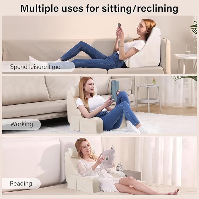 ENITYA 19" Back Pillow for Bed Sitting up, Big Pockets and Washable Removable Cover, Reading Chair for Watching TV/Reading/Gaming/Resting in Bed, Couch or Floor, Medium(Ivory)