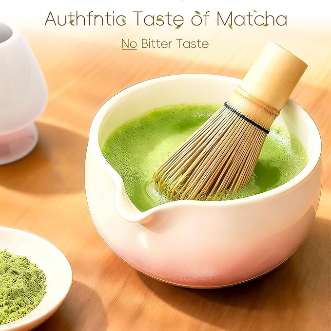 Matcha Whisk Set, Ceramic Matcha Set Includes Bowl & Holder, Bamboo Whisk (Chasen), Scoop, Spoon and Sifter, 6PCS Matcha Kit Covers Everything Needed for Making Matcha (Pink)